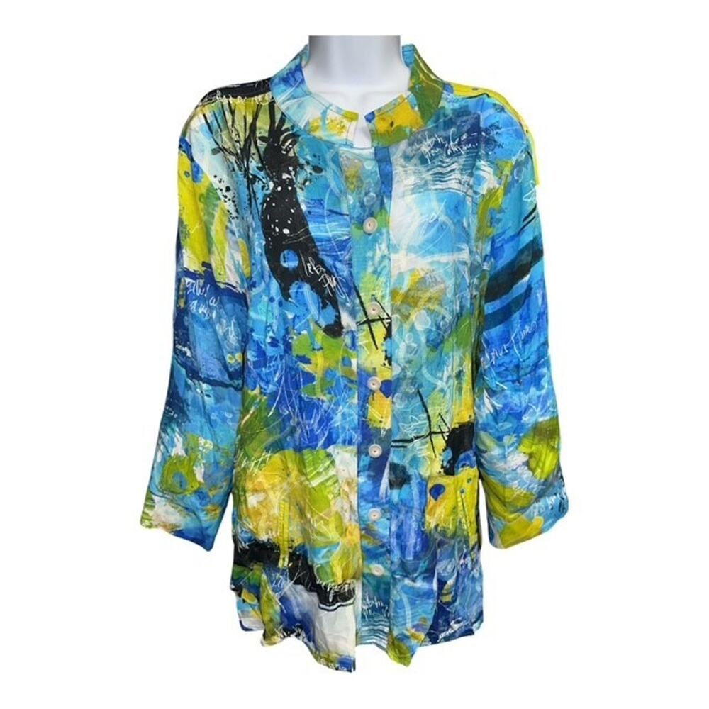 Ali Miles 1X Top Blue Abstract Button Up Rayon Embroider Mock Collar 3/4 Sleeves